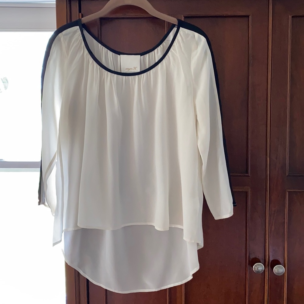 Anthropologie White Silk Blouse with Black Trim